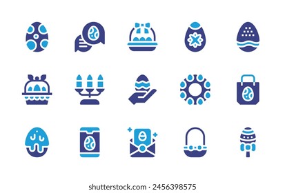 Easter icon set. Duotone color. Vector illustration. Containing easter, easter egg, easter eggs, wreath, greeting card, basket, search, smartphone, bubble chat, egg, candlestick.