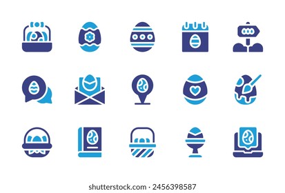 Easter icon set. Duotone color. Vector illustration. Containing book, easter egg, easter day, easter, road sign, painting egg, basket, laptop, location, egg hunt.