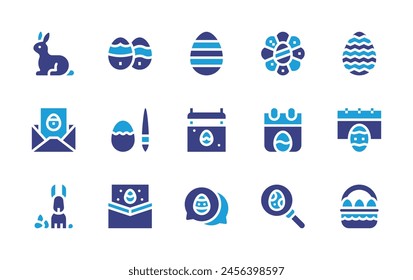 Easter icon set. Duotone color. Vector illustration. Containing bunny, egg, eggs, easter, greeting card, chat, letter, search, calendar, basket.