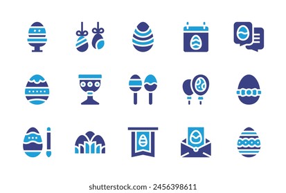 Easter icon set. Duotone color. Vector illustration. Containing easter egg, easter eggs, easter, painting egg, flag, lollipop, balloon, decoration, chat, greeting card, holy chalice.