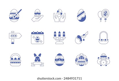 Easter icon set. Duotone style line stroke and bold. Vector illustration. Containing egg hunt, easter egg, easter bunny, easter day, basket, balloon, candlestick.