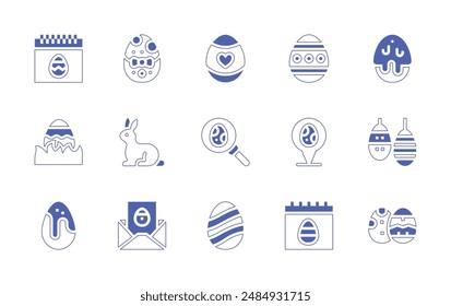 Easter icon set. Duotone style line stroke and bold. Vector illustration. Containing waves, easter bunny, easter day, eggs, greeting card, search, location, egg.