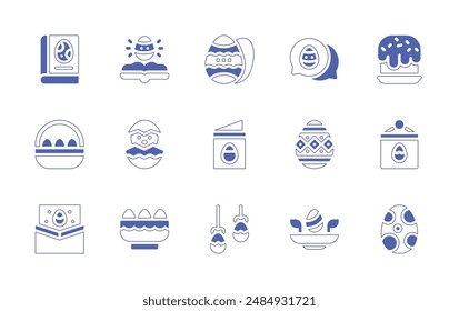 Easter icon set. Duotone style line stroke and bold. Vector illustration. Containing easter eggs, book, easter egg, cake, chicken, easter day, greeting card, chat, letter.