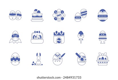 Easter icon set. Duotone style line stroke and bold. Vector illustration. Containing decorative, easter, easter egg, bunny, eggs, basket, calendar, cake, candy.