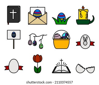 Easter Icon Set. Editable Bold Outline With Color Fill Design. Vector Illustration.