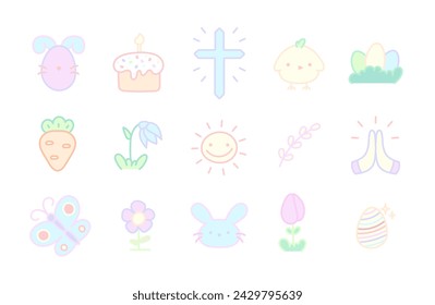 Easter icon set. Easter egg, Carrot, Rabbit, Gift, Easter Ornaments, Chick, Flowers. Perfect for holiday decoration and spring greeting cards