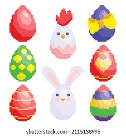 Easter icon set. Easter eggs, rabbit, chicken. Pixel art. Old school computer graphic style. 8 bit video game. game 