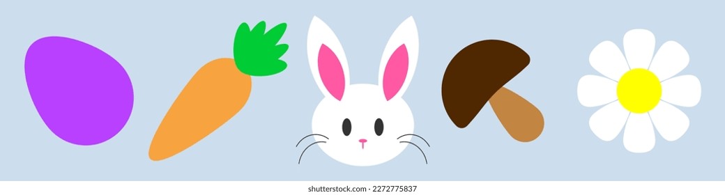 Easter icon set. Easter elements for design. Chamomile, carrot, mushroom, egg and bunny silhouette vector illustration.