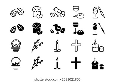 Easter icon set. Festive cake with candle and basket with painted eggs sign. Willow branch, Christian cross and wine symbol.