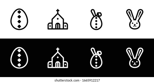 Easter icon set. Flat design icon collection isolated on black and white background. Easter egg, rabbit, and church.