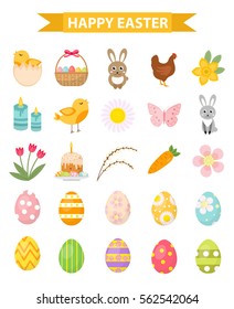 Easter icon set, flat style. Isolated on white background. Vector illustration