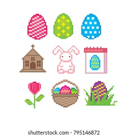 Easter icon set. Pixel art. Old school computer graphic style. 8 bit video game. game element.