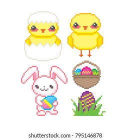 Easter icon set. Pixel art. Old school computer graphic style. 8 bit video game. game element.