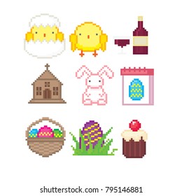 Easter icon set. Pixel art. Old school computer graphic style. 8 bit video game. game element.