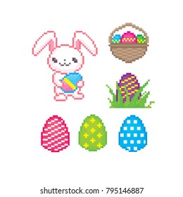 Easter icon set. Pixel art. Old school computer graphic style. 8 bit video game. game element.