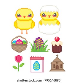 Easter icon set. Pixel art. Old school computer graphic style. 8 bit video game. game element.