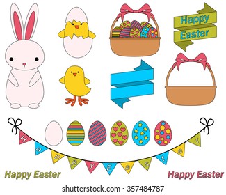 Easter icon set. Rabbit, chick and eggs. Vector illustration