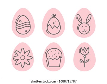 Easter icon set. Spring Holiday. Gray elements on the shape of a pink egg. Isolated. EPS10