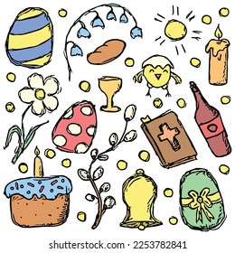 Easter icons. Easter background with easter egg, chicken, wine, flowers, Easter cake