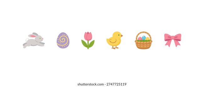 Easter icons: bunny, egg, tulip, chick, basket, bow on white.
