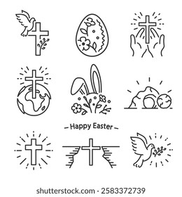 easter icons, christian cross, easter egg, dove and more, icon set, resurrection day simple symbols, linear vector illustration, outline editable stroke