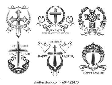 Easter icons of crucifix cross and paschal he is risen, be blessed, celebrate savior. Vector Happy Easter symbols of Christian catholic or orthodox religion doves and ornate wreath ribbons