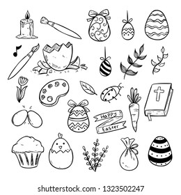 easter icons or elements with hand drawn or sketch style