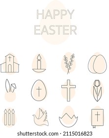 Easter icons. Executed in a minimalist style. Decorated in trendy pastel colors. Fashionable design. Contains Easter symbols: rabbit ears, eggs, cross, candles. Postcard, stencil. Beige color.