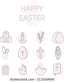 Iconos de Pascua. Ejecutado en un estilo minimalista. Decorado en tonos pastel de moda. Diseño de moda. Contiene símbolos de Pascua: orejas de conejo, huevos, cruz, velas. Postal, esténcil. Color rosa.