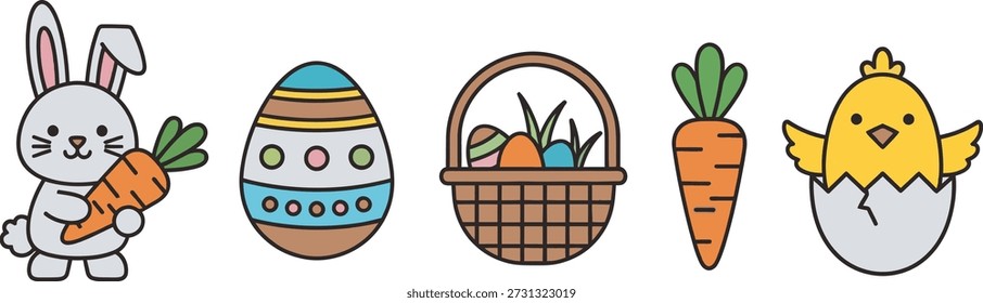 Ícones de Páscoa com um coelho decorado cesta de ovo cenoura e pintinho