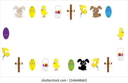 Easter icons illustrated with bunny, chick, daffodil, cross, dyed egg and basket on white with copy space.