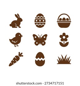 Easter Icons Master collection set Silhouette of Bunny, Egg, Chick, Butterfly, Flower, Basket, Carrots.