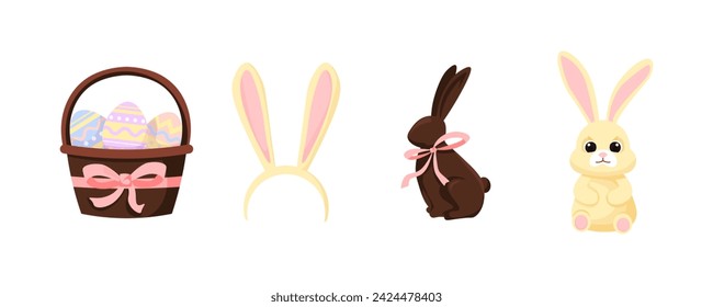 Easter icons set. Easter basket, eggs, bunny. Easter design. Flat style. Vector icons