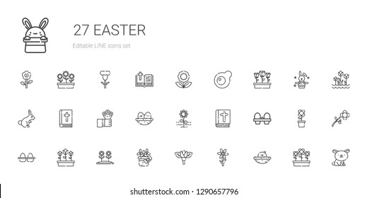 easter icons set. Collection of easter with chick, flower, tulips, eggs, organic eggs, bible, nest, flowers, rabbit, egg, bunny. Editable and scalable easter icons.