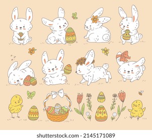 Easter icons set with cute rabbits and flowers, hand drawn doodle vector illustration isolated on yellow background. Easter spring decorative stickers collection.