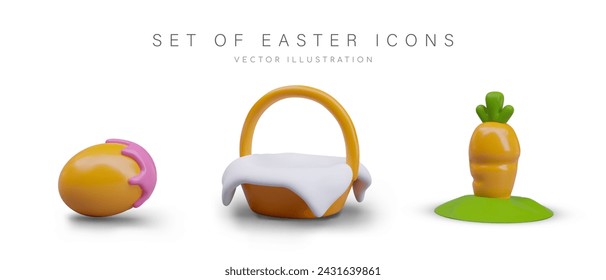 Easter icons set. Egg with pink paint, basket covered with white napkin, orange carrot