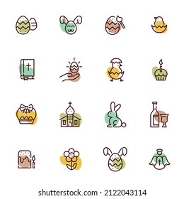 Easter icons set. Eggs, rabbits, holy bible and church. Pixel perfect, editable stroke pastel color icons