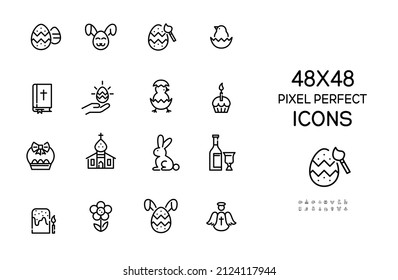 Easter icons set. Eggs, rabbits, holy bible and church. 48 x 48 pixel perfect, editable stroke icons