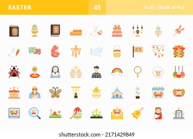 Ostersymbole gesetzt. Flache Farbsätze von Happy-Ostertag-Vektorsymbol für Webdesign einzeln auf weißem Hintergrund. Kann für digitale Produkte, Präsentation, UI und viele mehr verwendet werden.