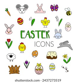 Easter icons set. Funny adorable, colourfool, doodle easter icons. Set of Easter design elements. Eggs, chicken, butterfly, rabbit, tulips, flowers, willow, branches, basket, tulips, narcissus. 