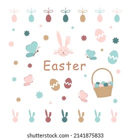 Easter icons set light blue and pink colors, bunny, basket, eggs vector