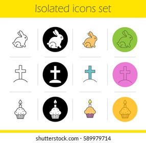 Easter icons set. Linear, black and color styles. Easter, cross on hill, cake and candle. Isolated vector illustrations