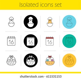 Easter icons set. Linear, black and color styles. Newborn chicken, April 16 calendar date, Easter basket with eggs and bow. Isolated vector illustrations
