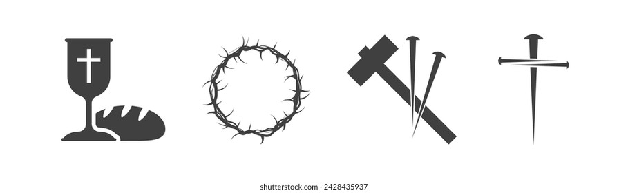 Easter icons set. Palm leaves, cross and cave. On a white background