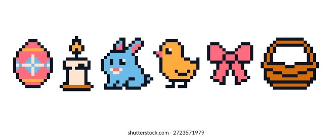 Ícones de Páscoa definidos no design de arte em pixels. Pacote de decorações estilo de videogame vintage de 8 bits. Coisa de feriado bonito.