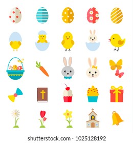 Easter icons set with rabbits; eggs; chick; flowers; ets. Design elements for holiday