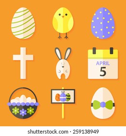 Easter icons set with shadows over orange. Flat styled objects set 