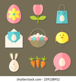 Easter icons set with shadows over brown. Flat styled objects set 