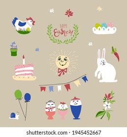 Easter icons set. Sketch vector design elements. Festive card, print, poster.