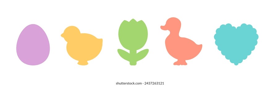 Easter icons vector set cute spring symbols. Easter egg contour, duckling, chick, tulip. Spring shapes for greeting card, logo, cut file, print design element, cookie cutter, label, decal silhouette.